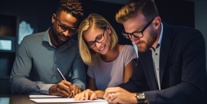 Agent and a couple signing a contract close up dark backgrounds